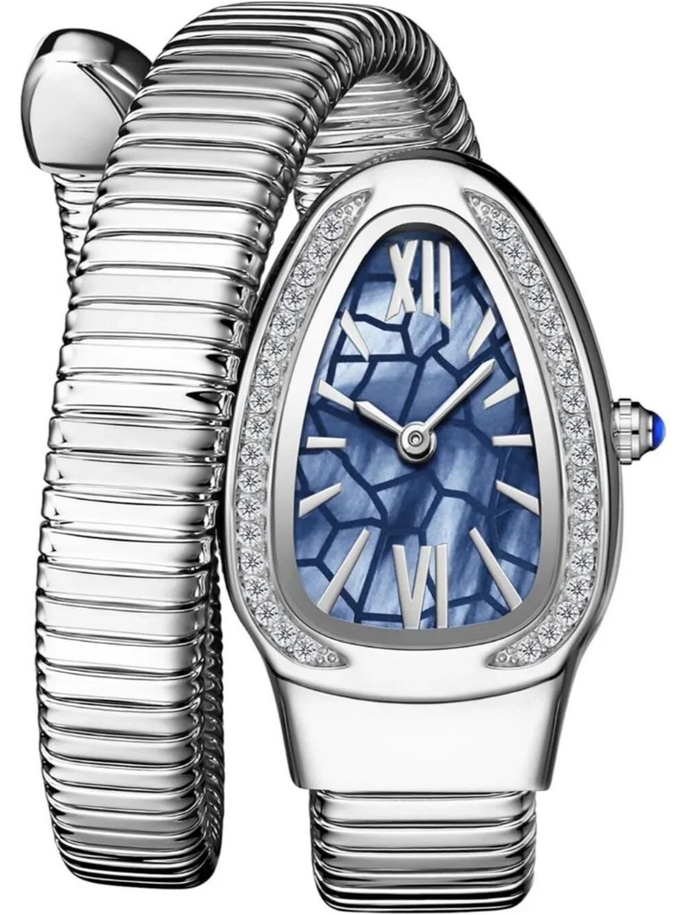 Women's Silver Blue Elegant Wrap Around Bangle Fashion Snake Cuff Wrist Watches